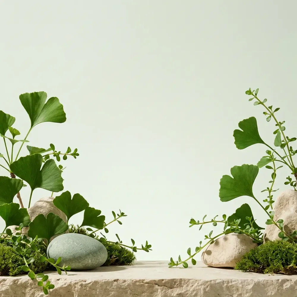 Decorative botanical still life with green leaves and natural stones
